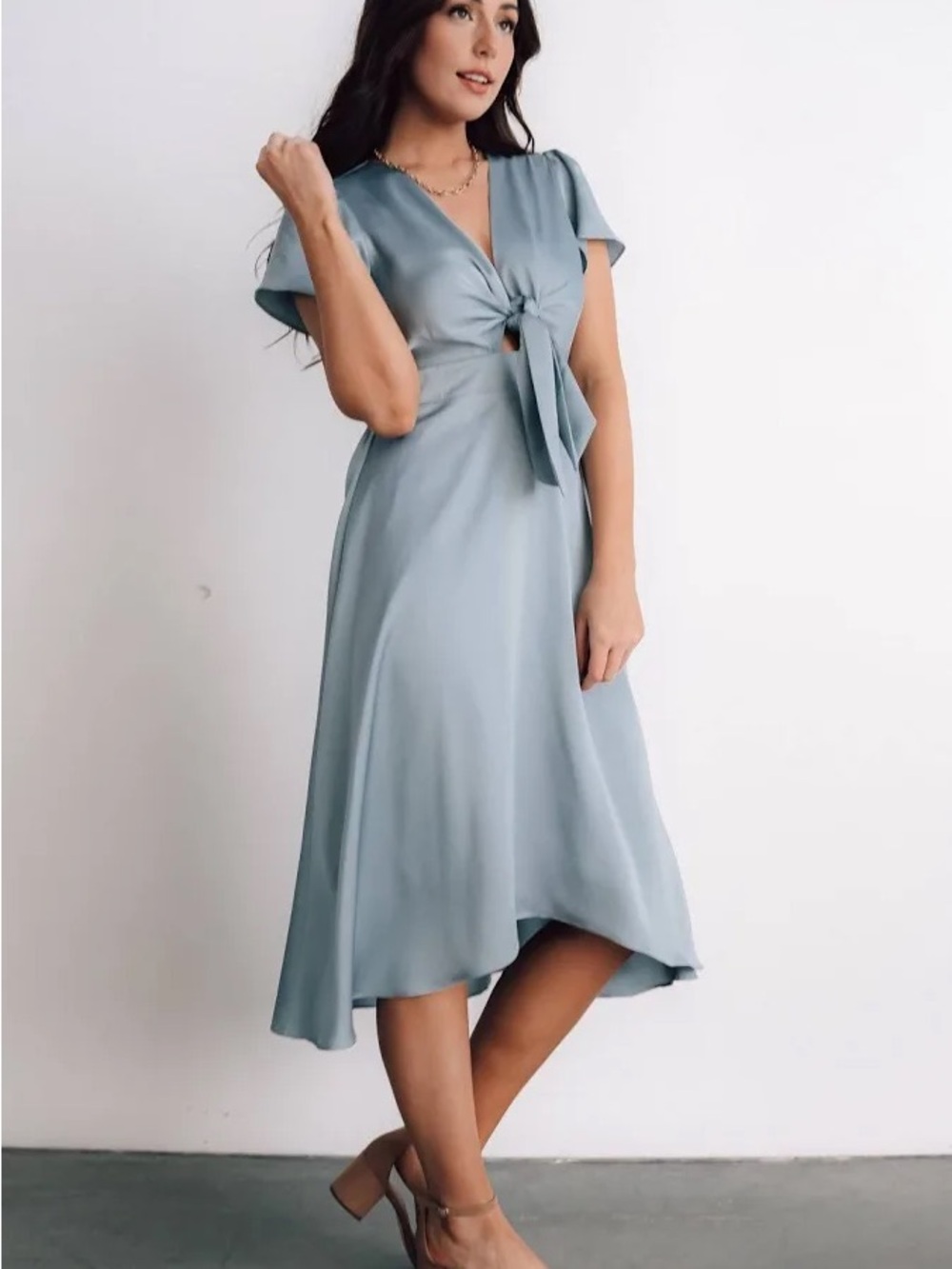 Baltic Born New XXL Poppy Satin Tie Front Midi Dress in Light Blue